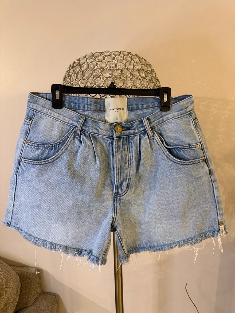 One Teaspoon Pale Blue High-Rise Frayed Hem Denim Shorts size 30